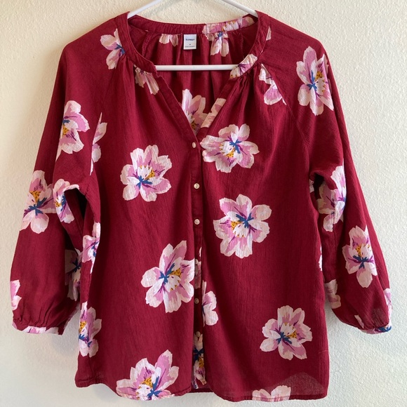 Old Navy Tops - Old Navy Burgundy Floral Button Up Blouse Airy Lightweight Top Size S